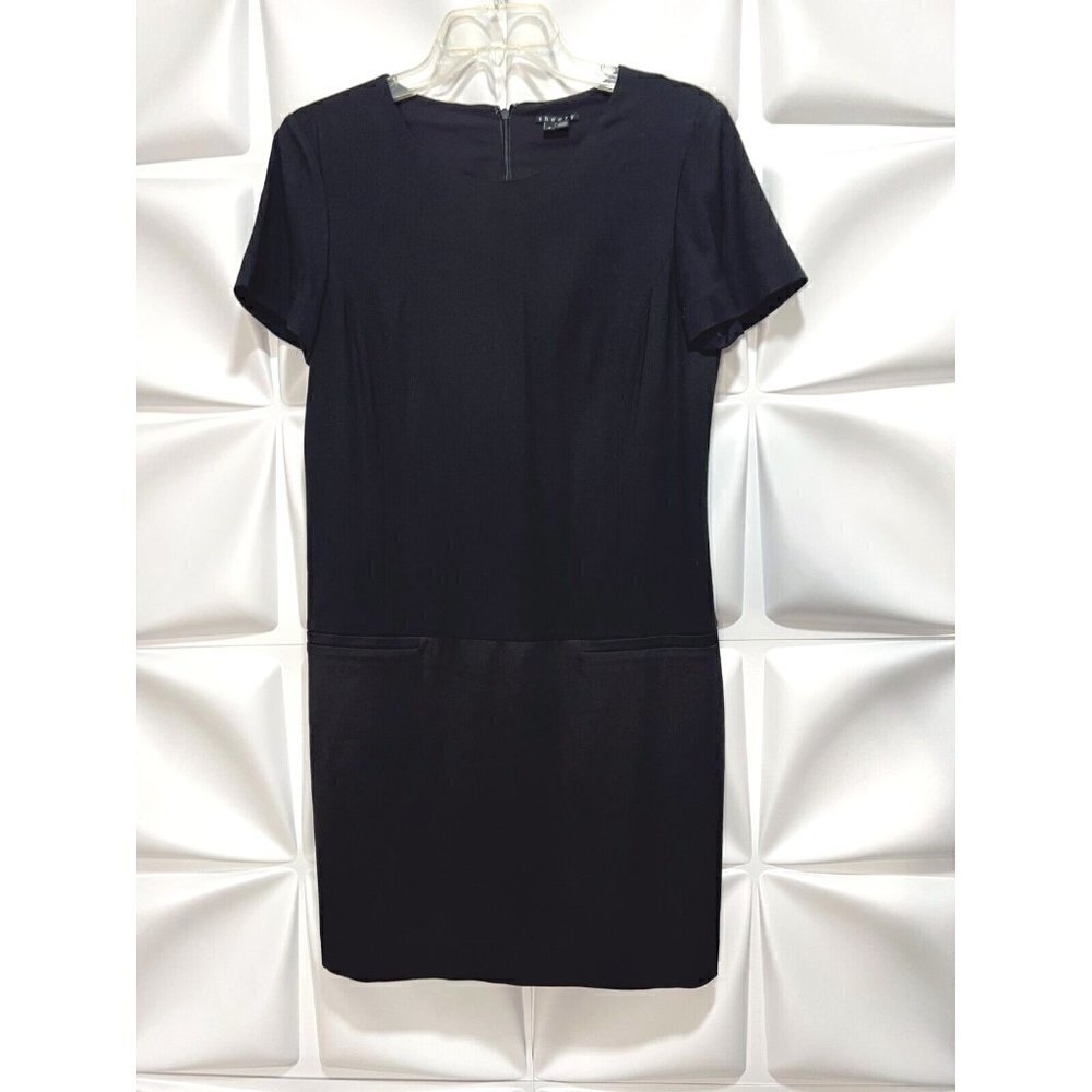 Theory Sz 8 Black Suit Satin Sheath Dress Viscose Wool Elastane